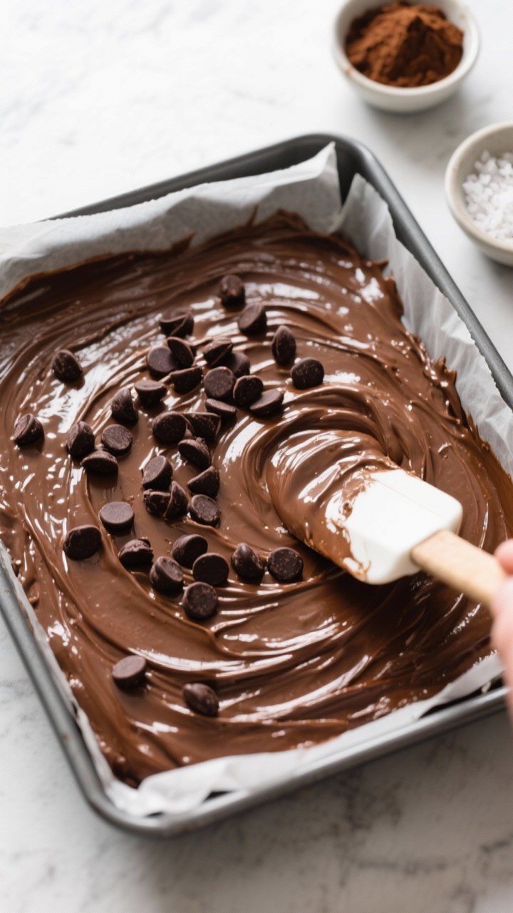 Cooking process: Overhead shot of the thick, glossy brownie batter being smoothed evenly into a parc