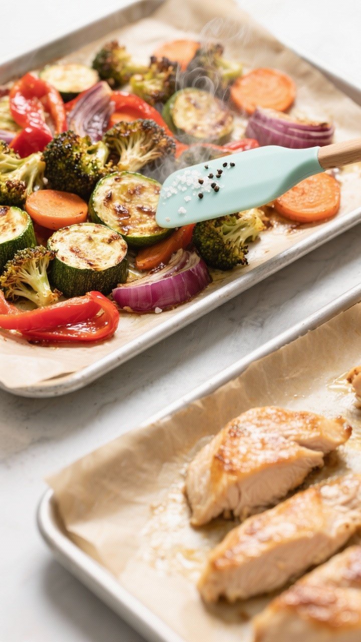 Cooking process: Overhead shot of two parchment-lined sheet pans fresh from the oven—one filled wi