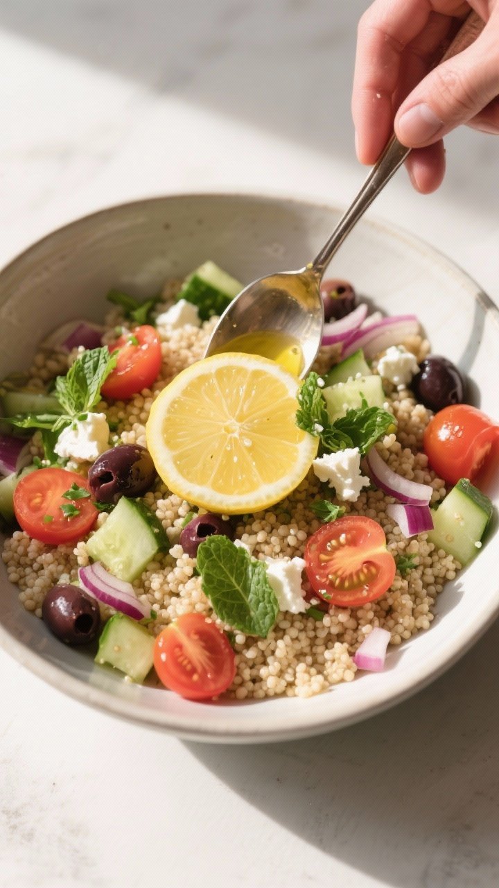 Cooking process: Overhead shot of whole-wheat couscous salad being assembled in a wide bowl—fluffe