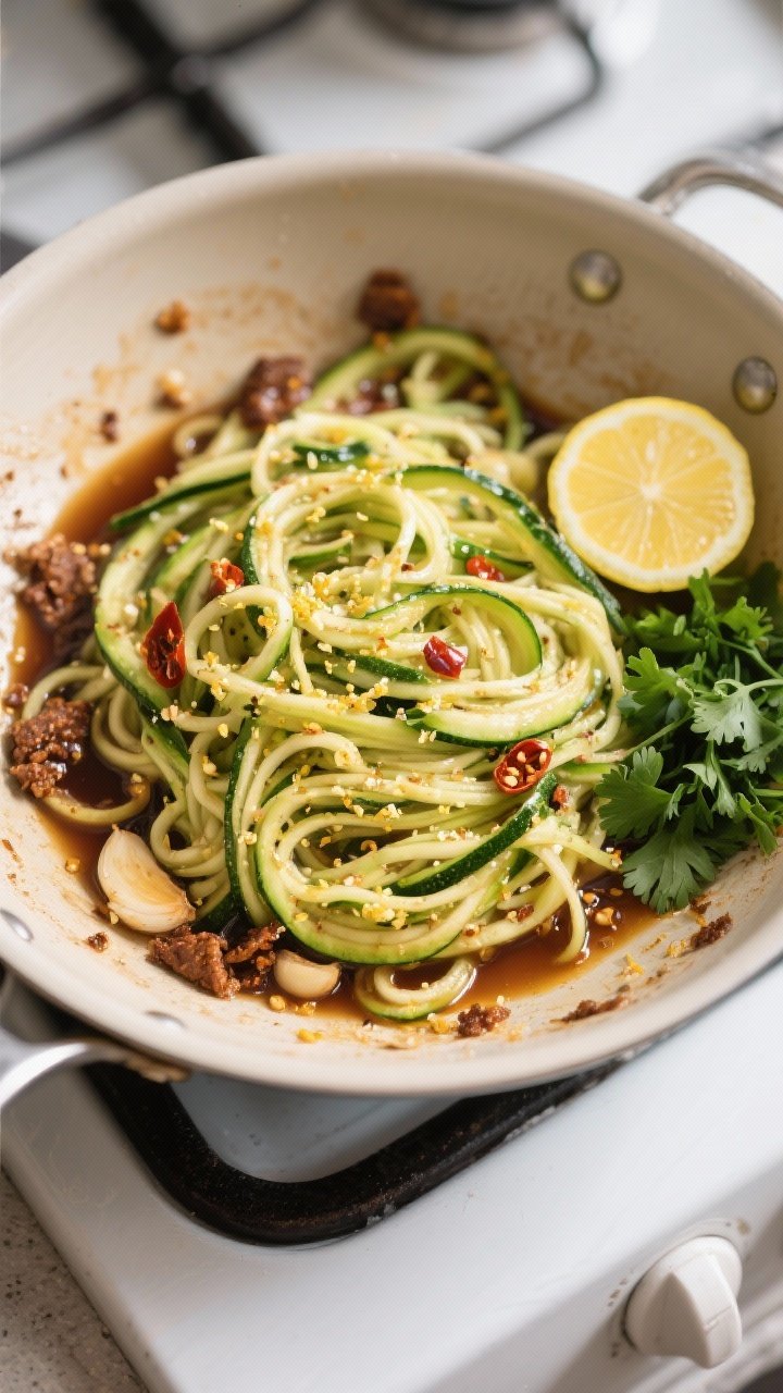 Cooking process: Overhead shot of zucchini noodles tossed in the reduced pan sauce right after degla