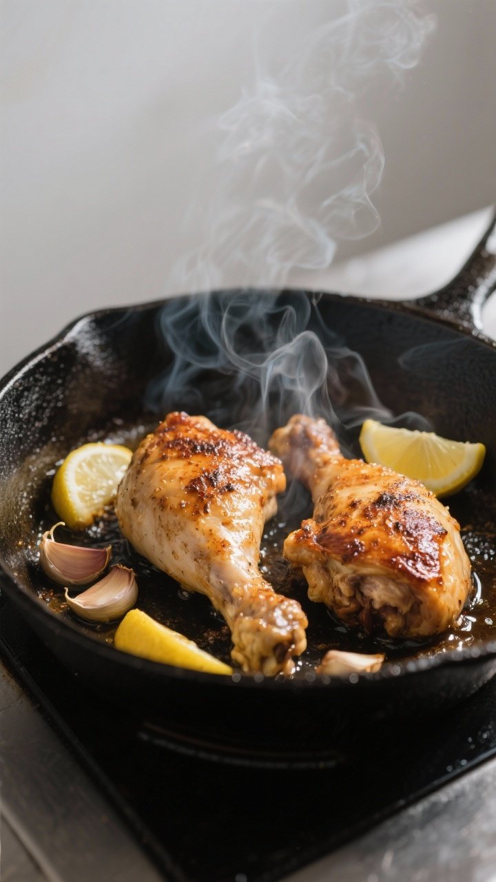 Cooking process: Pan-seared Greek chicken in a cast-iron skillet mid-sizzle, thighs browned with cru