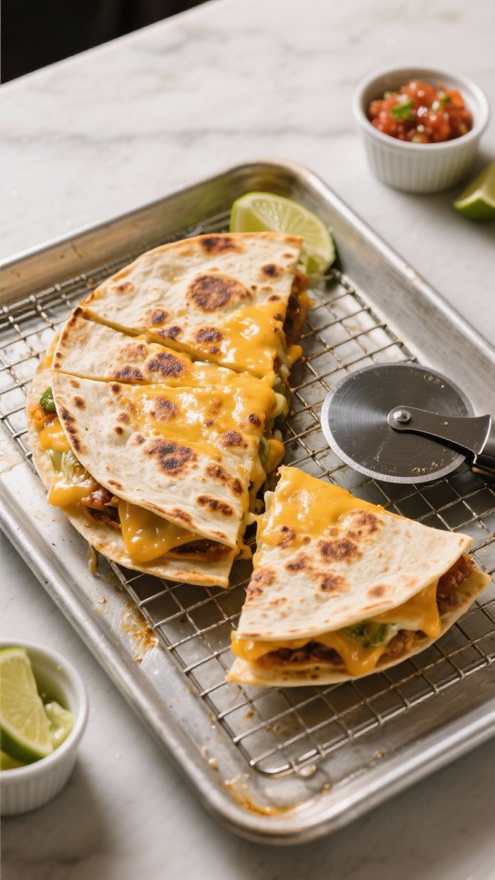 Cooking process scene: the assembled sheet pan quesadilla right after broil, being rested on a cooli