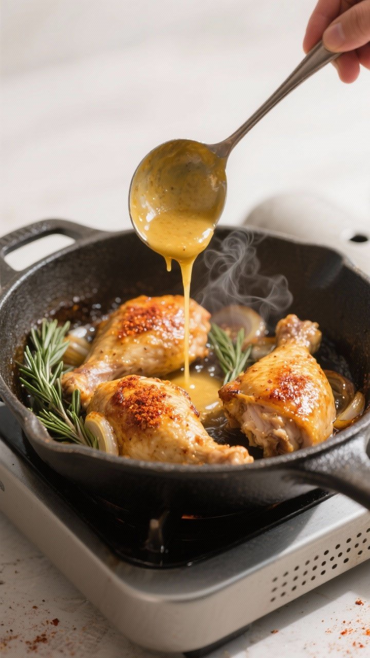 Cooking process: Sear-then-bake moment captured—golden-brown chicken thighs in an oven-safe skille