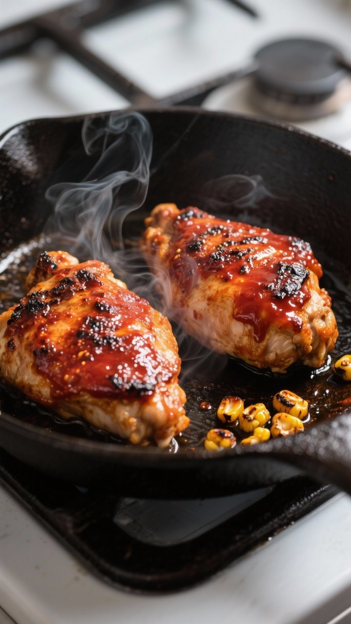 Cooking process — Searing chipotle-marinated chicken thighs in a hot cast-iron skillet: close-up o