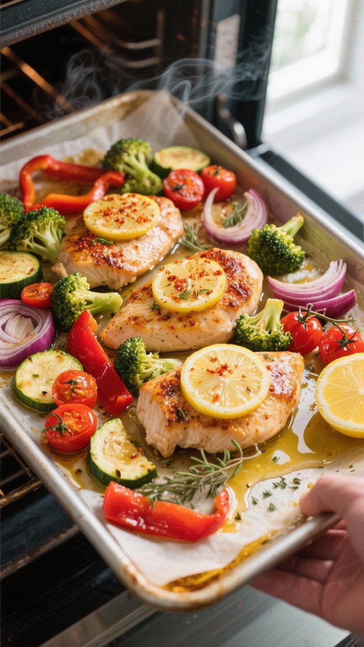 Cooking process — Sheet pan in oven: Overhead shot of lemon-garlic marinated chicken breasts nestl