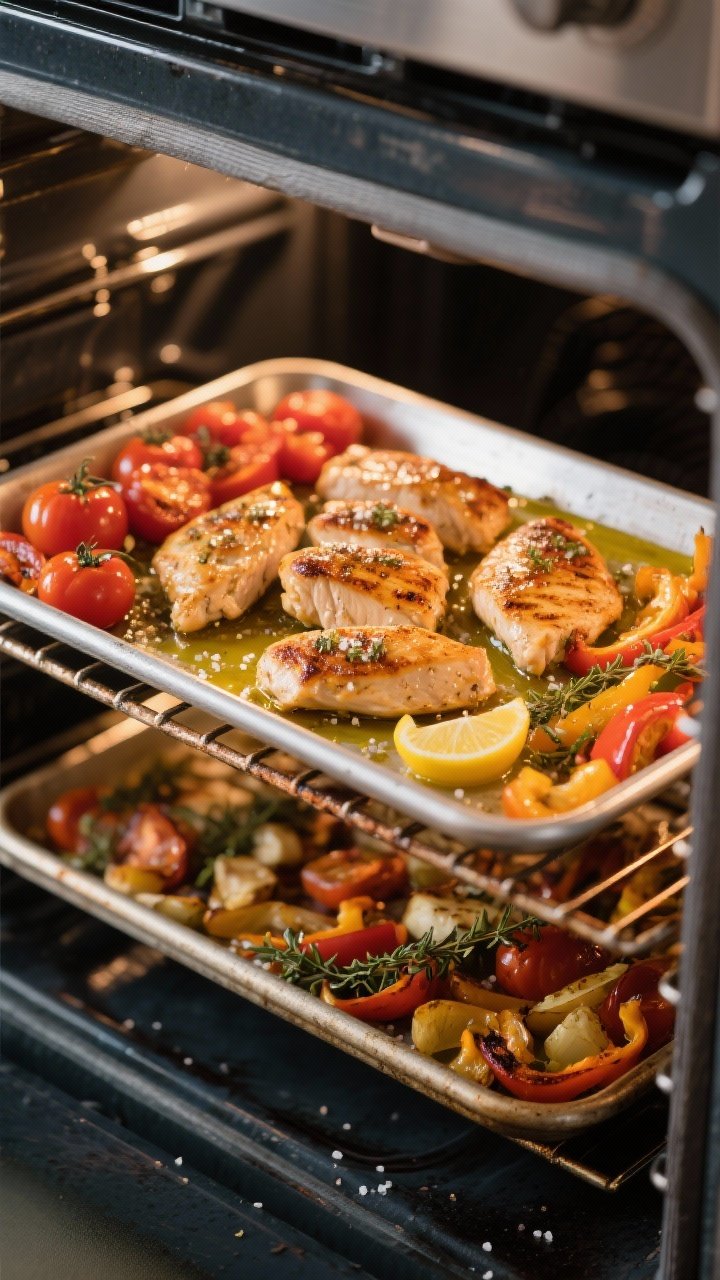 Cooking process: Sheet pan in the oven mid-roast at 425°F, showing veggies pushed to the sides with