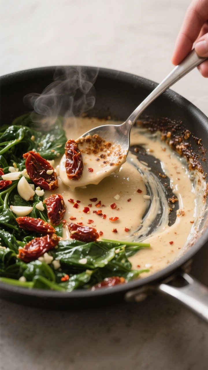 Cooking process shot: Overhead view of the skillet right after deglazing and simmering—creamy sauc