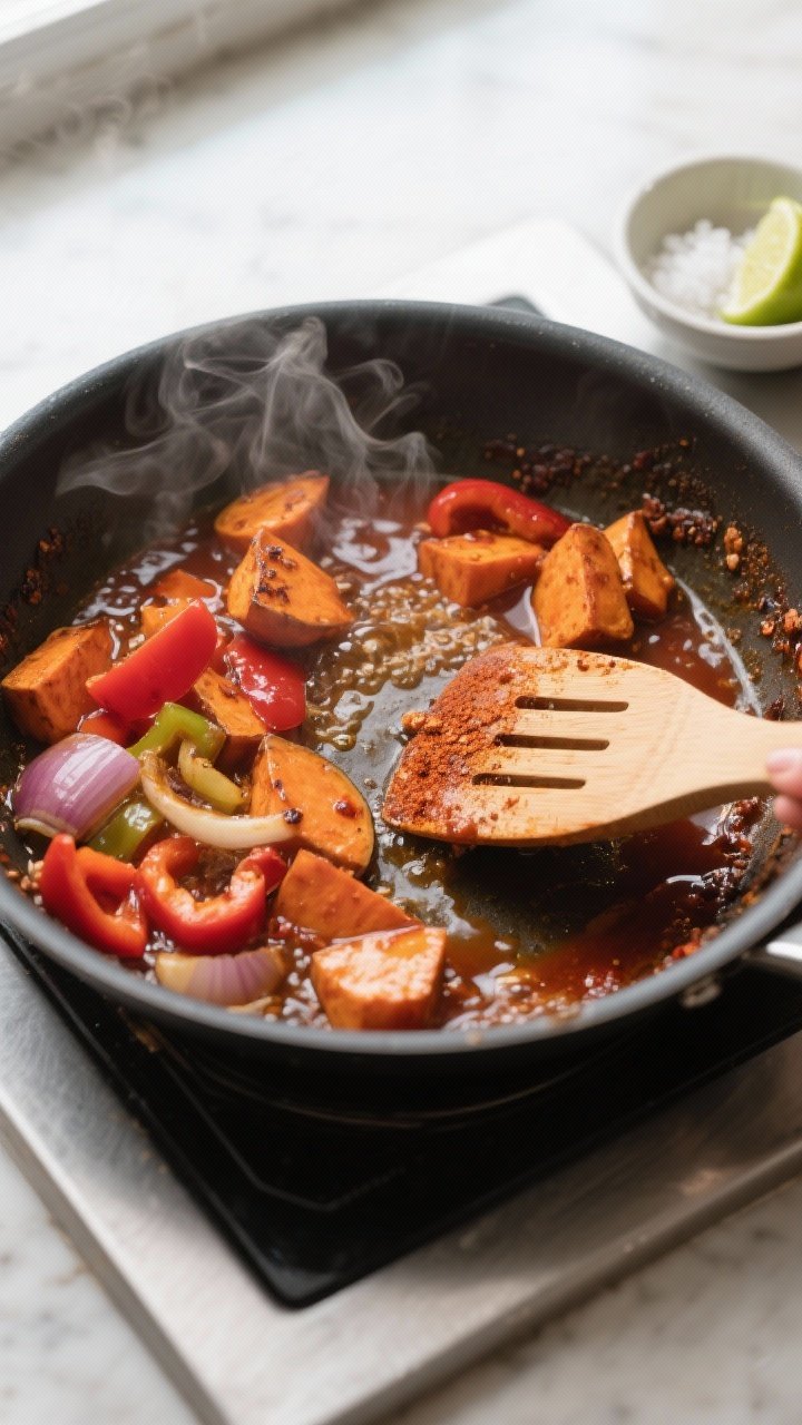Cooking process shot: Overhead view of the skillet right after deglazing—sweet potatoes returned t