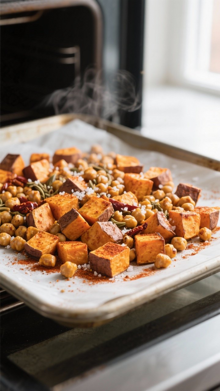 Cooking process shot: Roasted sweet potatoes and spiced chickpeas fresh out of a 425°F oven on a pa