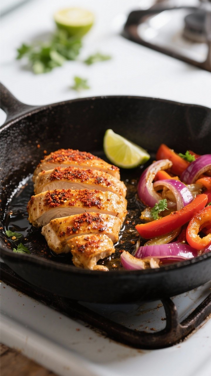 Cooking process shot: Sliced Southwest-spiced chicken finishing in a hot cast-iron skillet, golden-b