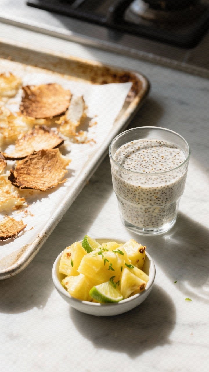 Cooking process shot: Toasted coconut cooling on a parchment-lined sheet next to a small bowl of dic