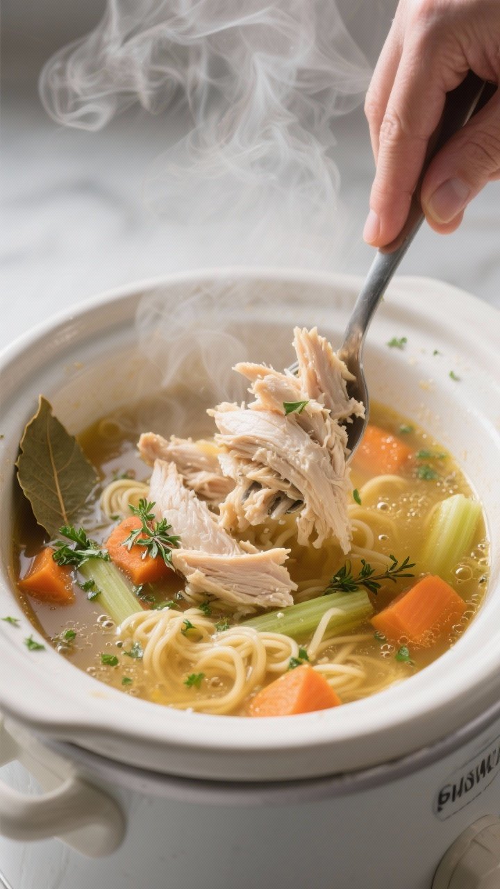 Cooking process — shredded chicken going back into the crockpot: Close-up of juicy, freshly shredd