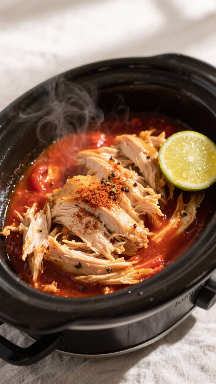 Cooking process – shredded chicken soaking up sauce: Close-up of freshly shredded crockpot chicken