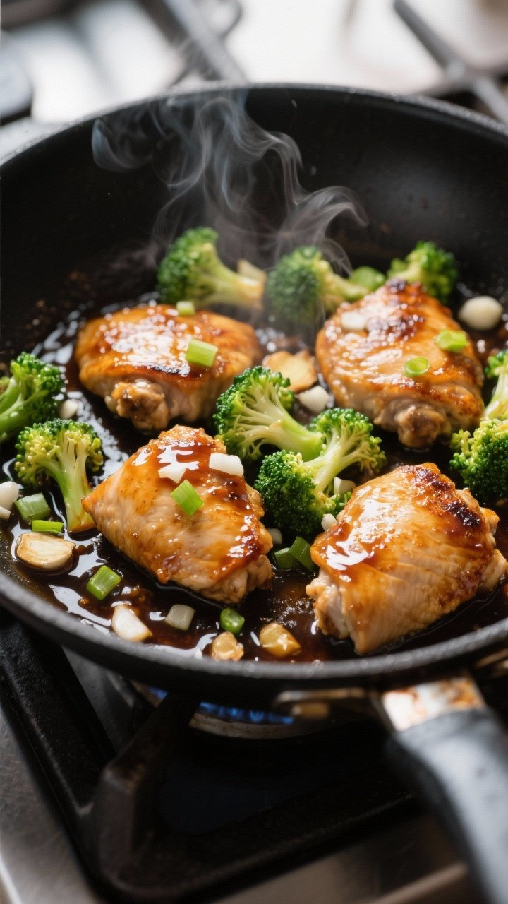 Cooking process, skillet action: Searing bite-size chicken thighs in a large black skillet over medi