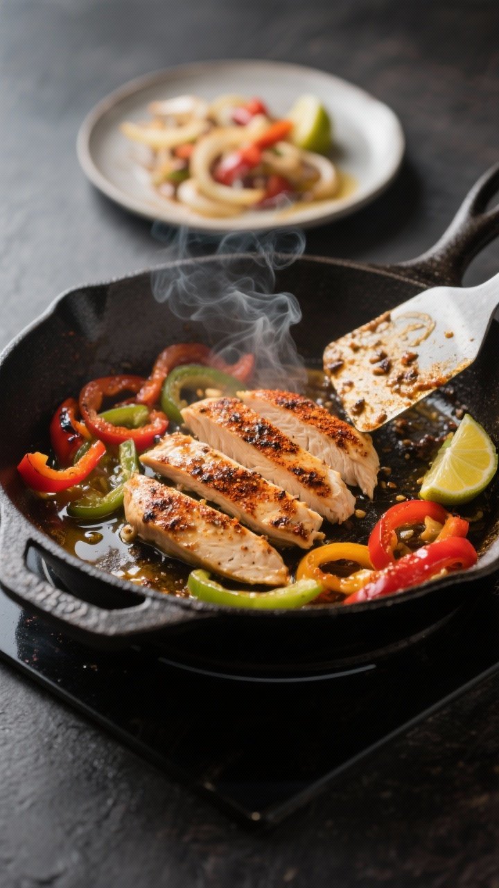 Cooking process, stovetop sizzle: Sliced marinated chicken fajita strips searing in a large cast-iro