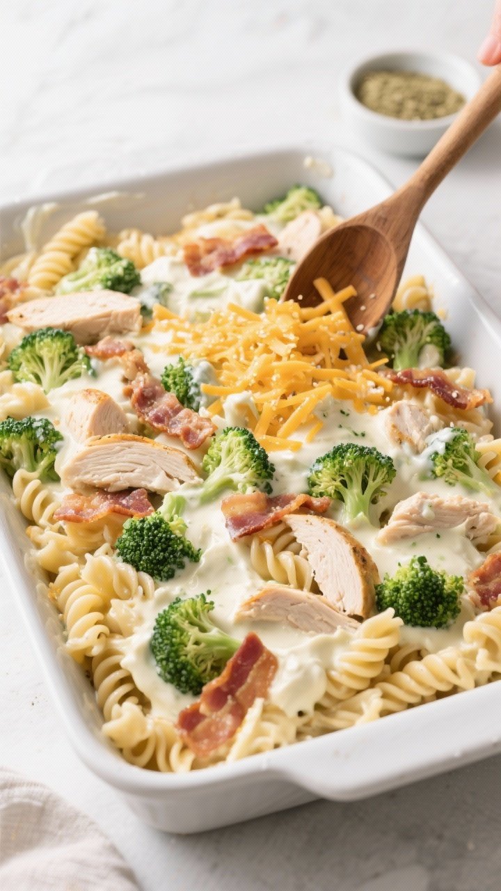 Cooking process: The casserole being assembled in a 9x13 dish—silky ranch-cream cheese sauce coati