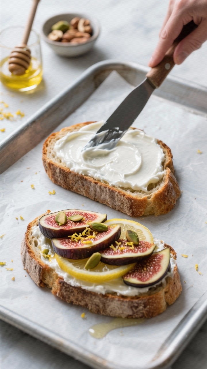 Cooking process: The Method in action—freshly toasted thick-cut sourdough being layered with a thi