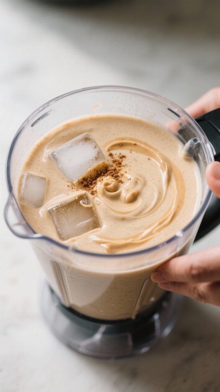 Cooking process: The smoothie mid-blend in a clear high-speed blender jar, showing a creamy, pale ta