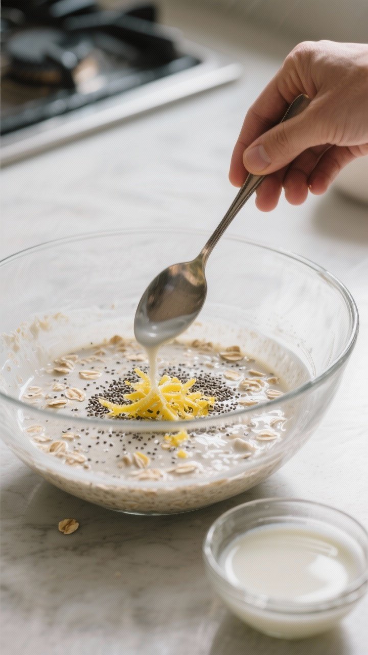 Cooking process: The “stir like you mean it” step captured mid-action without hands—oats mixtu
