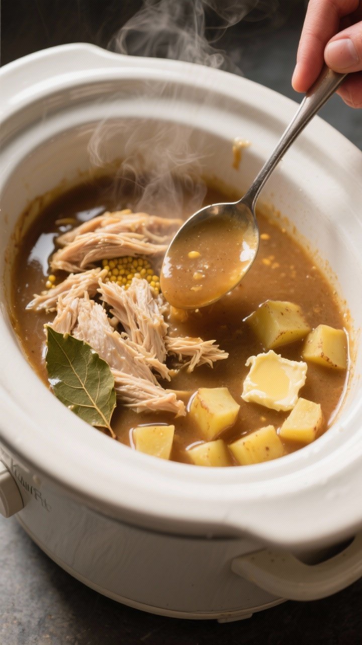 Cooking process: The thickening stage captured in action—overhead shot of the crockpot with the sh