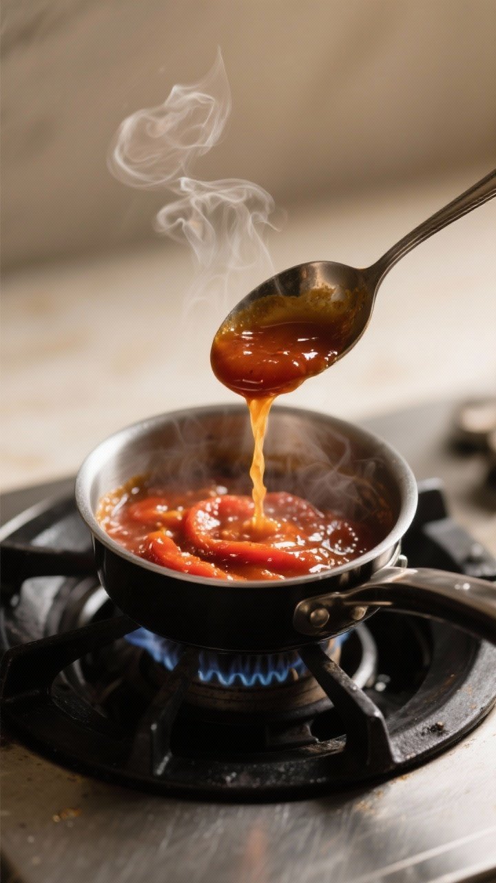 Cooking process: Thickening the glaze on the stovetop—small saucepan with the balsamic-soy-honey-t