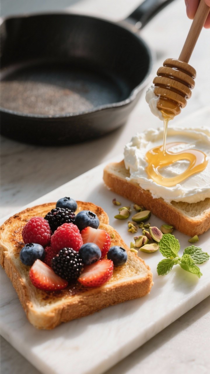 Cooking process: Whipped ricotta being spread generously onto a hot, pan-seared toast on a clean boa