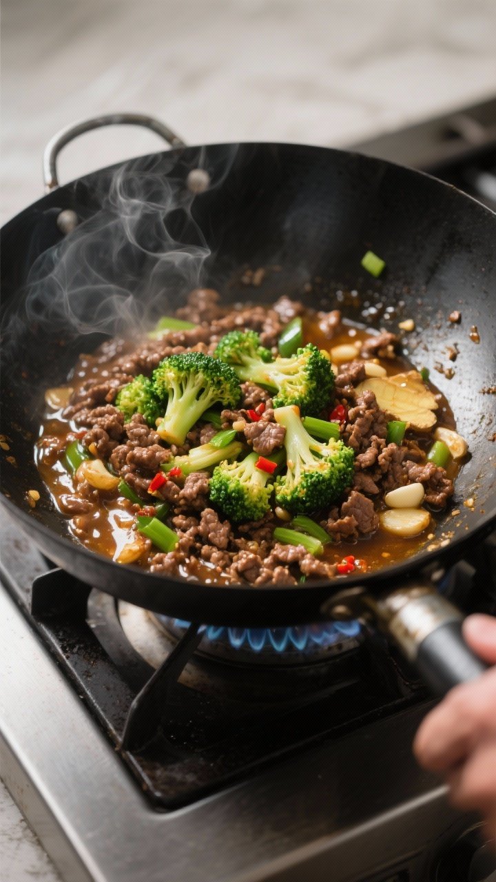Cooking process, wok action: Ground beef and broccoli stir fry sizzling in a large black wok over me