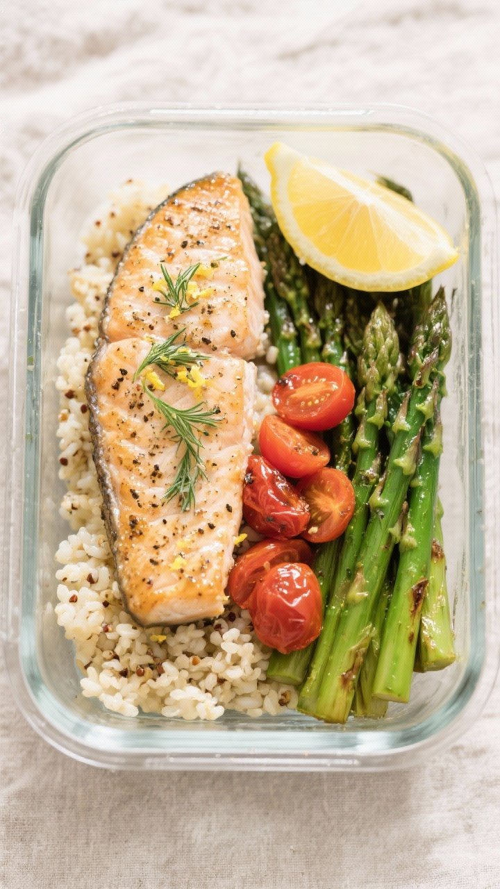 Final dish: Beautifully plated lemon pepper tilapia meal prep box, overhead view; one seasoned fille