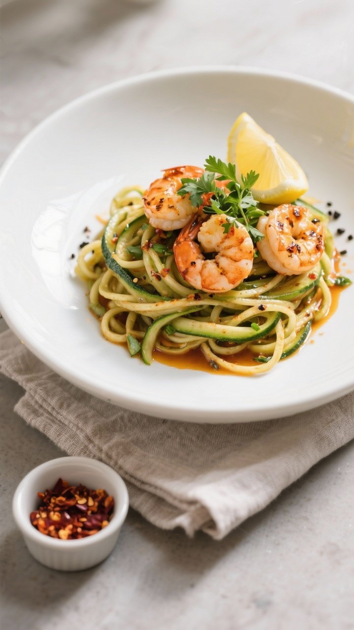 Final dish: Beautifully plated Spicy Shrimp and Zucchini Noodles twirled high in a shallow white bow