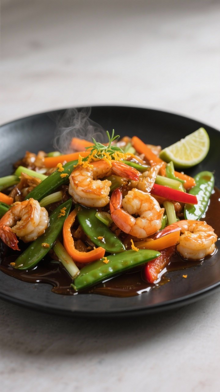 Final dish beauty: Restaurant-style plated Honey Garlic Shrimp Stir-Fry presented family-style in a 