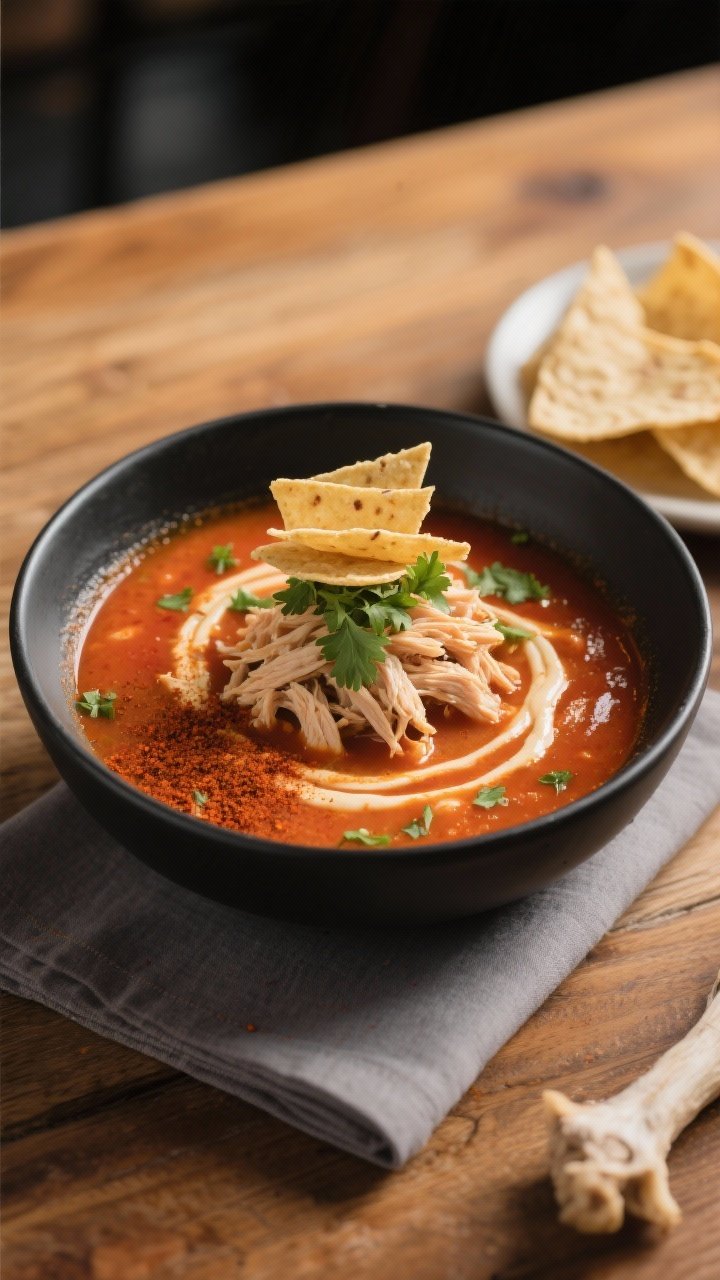 Final dish hero: Restaurant-quality presentation of chicken tortilla soup in a wide, low black bowl,