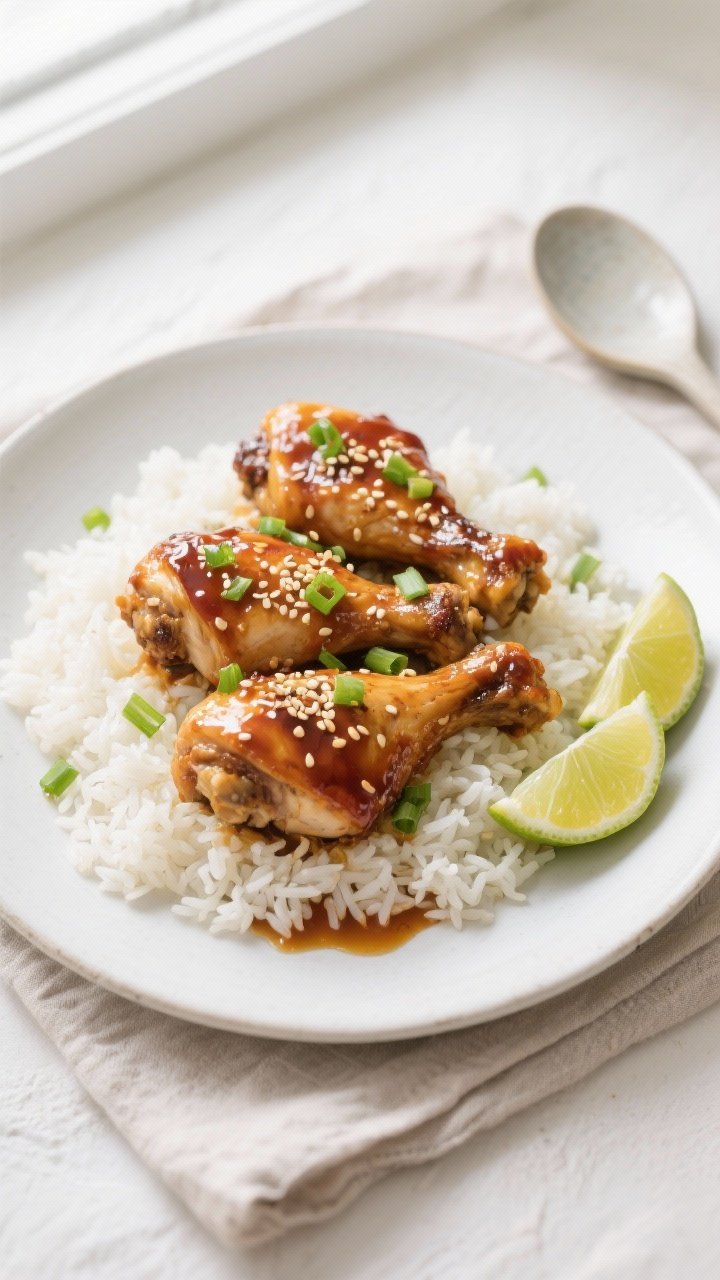 Final dish, overhead: Spicy Honey Garlic Chicken Thighs plated on a matte white rimmed plate over fl