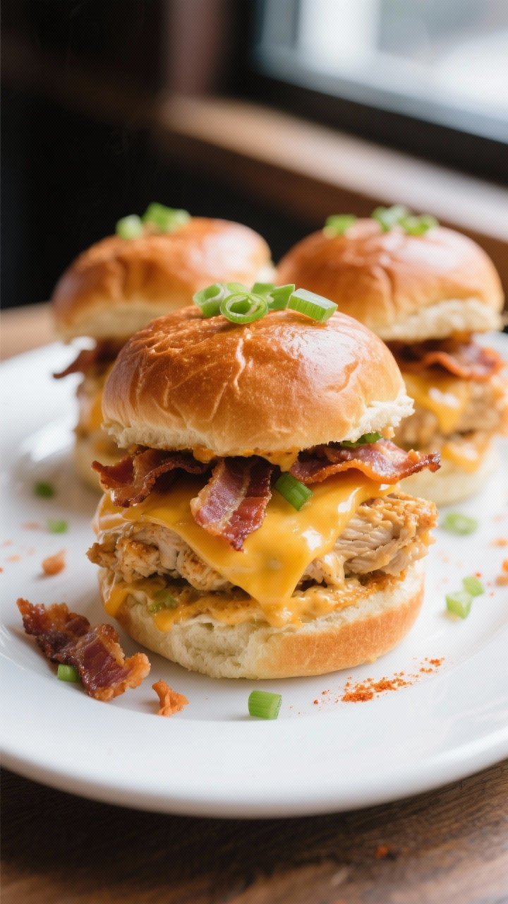 Final dish plated sandwich: Beautifully stacked crack chicken sliders on toasted brioche buns, overf