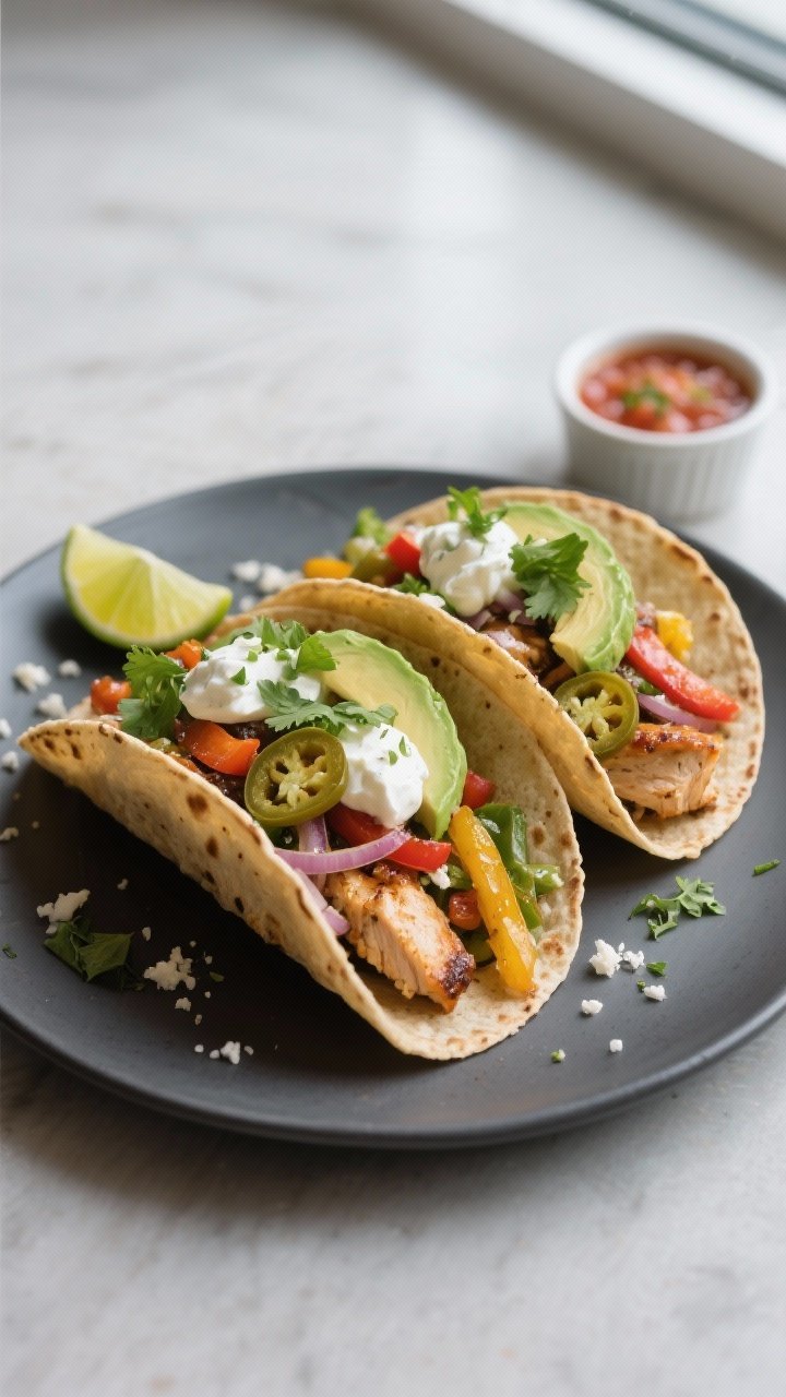Final dish, plated tacos: Beautifully plated fajita chicken tacos on a matte charcoal plate—warm f