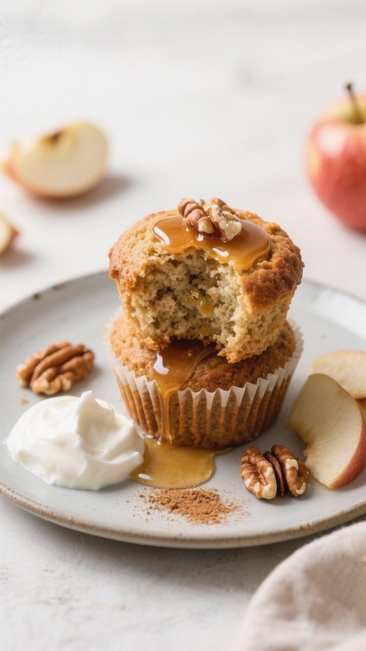 Final dish presentation: Bakery-style plated apple muffins stacked on a matte ceramic plate, one sli
