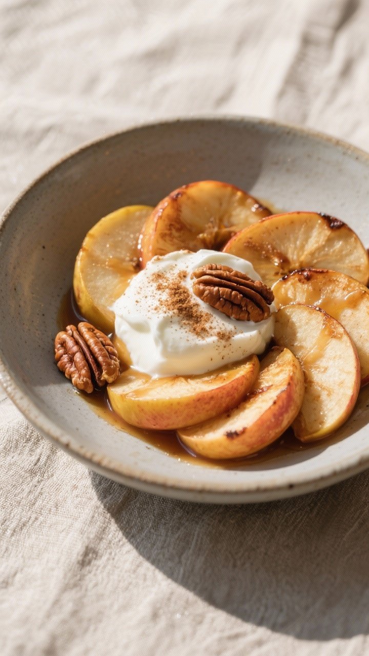 Final dish presentation: Beautifully plated bowl of baked cinnamon apples served warm over a dollop