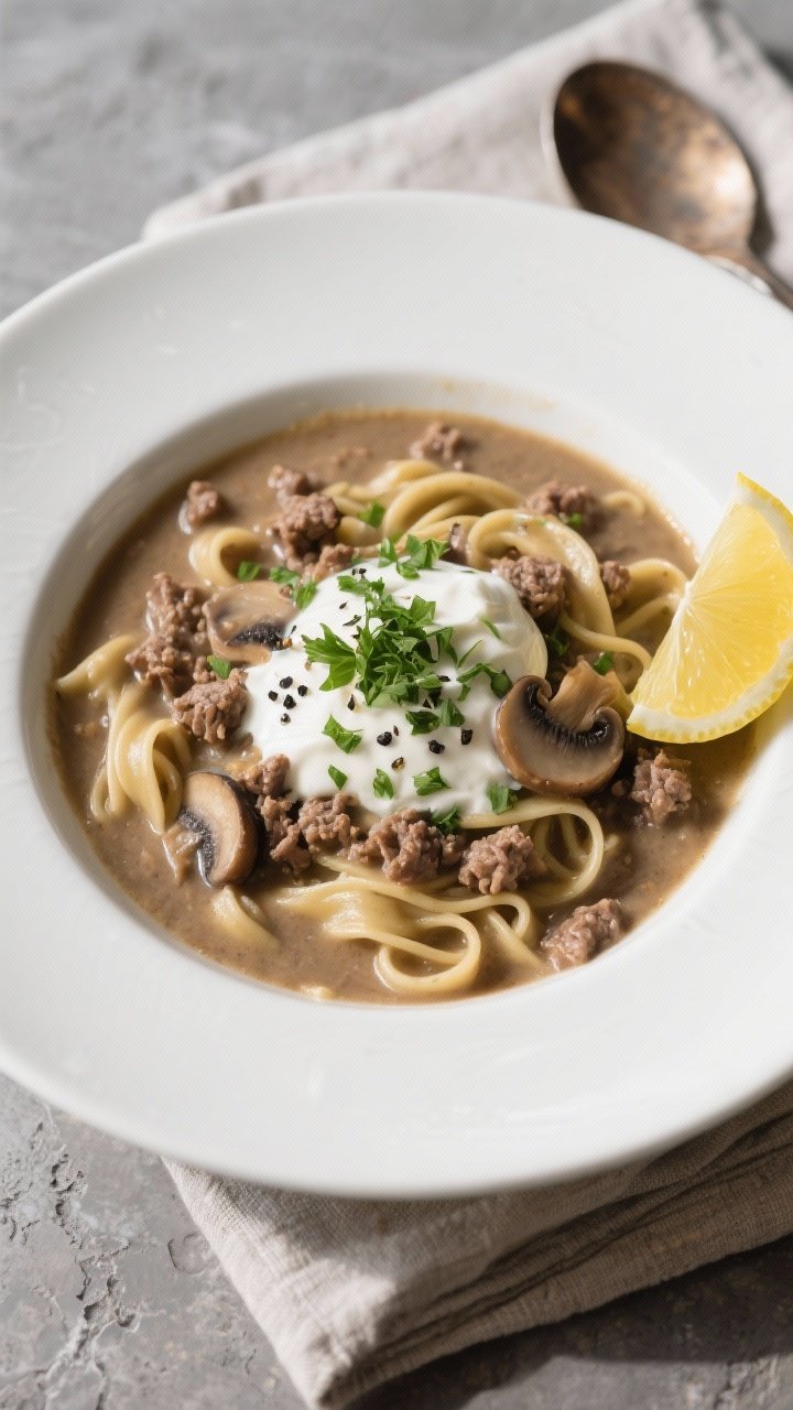 Final dish presentation: Beautifully plated bowl of creamy Ground Beef Stroganoff Soup finished with