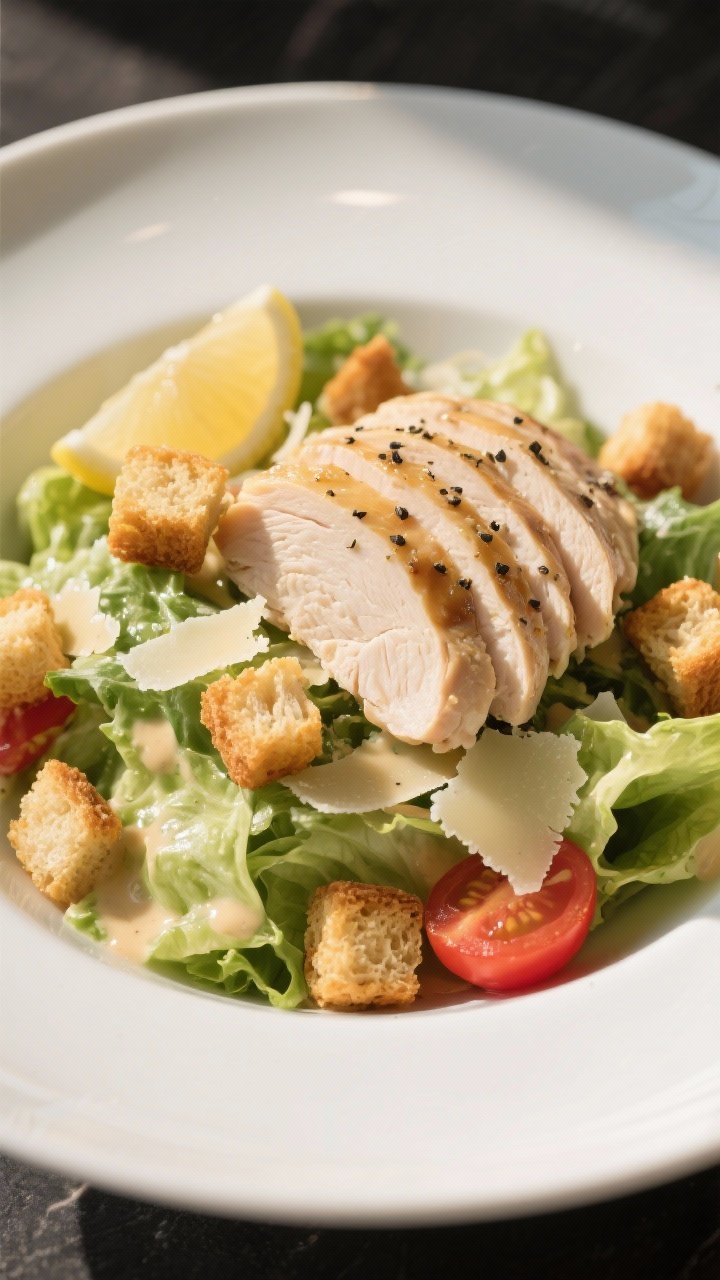 Final dish presentation: Beautifully plated Chicken Caesar Salad in a wide, shallow white bowl—rom