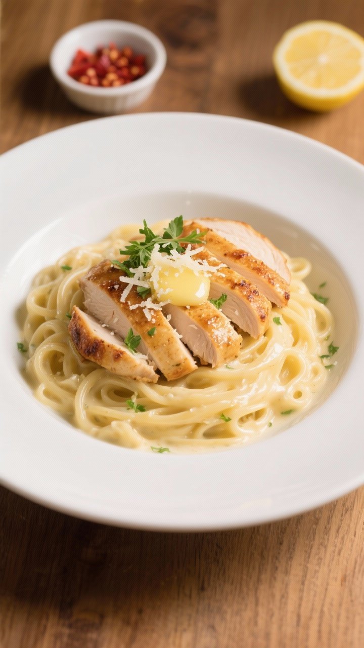 Final dish presentation: Beautifully plated Creamy Chicken Alfredo Pasta with juicy, golden-browned 