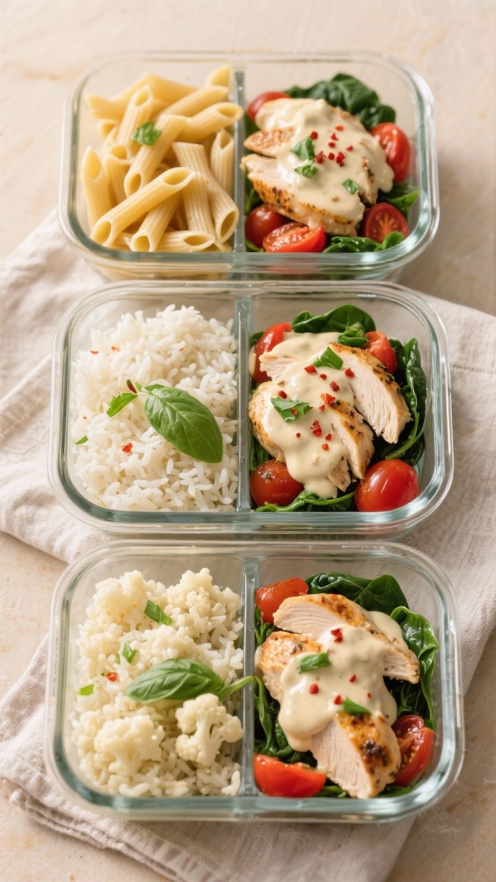 Final dish presentation: Beautifully plated Creamy Tuscan Chicken Meal Prep in divided glass contain