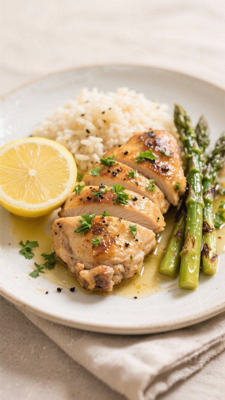 Final dish presentation: Beautifully plated Garlic Herb Chicken Thighs sliced and fanned on a warm w