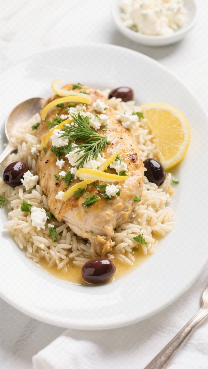 Final dish presentation: Beautifully plated Greek Lemon Chicken over fluffy orzo on a wide white pla