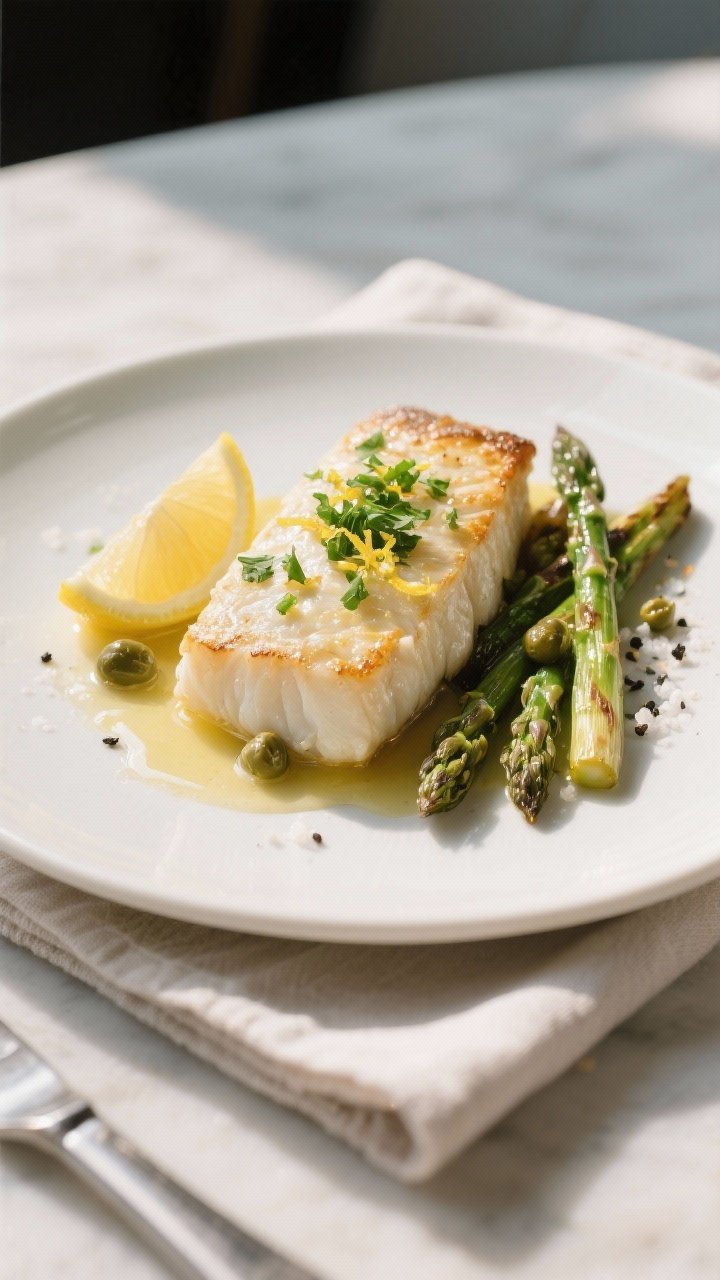 Final dish presentation: Beautifully plated High Protein Baked Cod with Garlic Butter on a matte whi