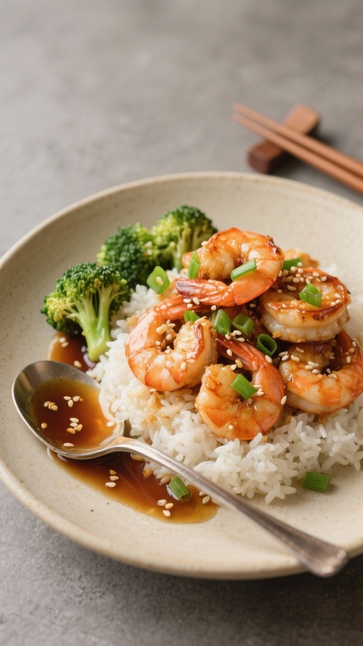 Final dish presentation: Beautifully plated Honey Garlic Shrimp and Broccoli over fluffy white rice 