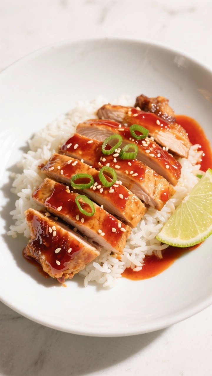 Final dish presentation: Beautifully plated Honey Sriracha Boneless Skinless Chicken Thighs sliced a