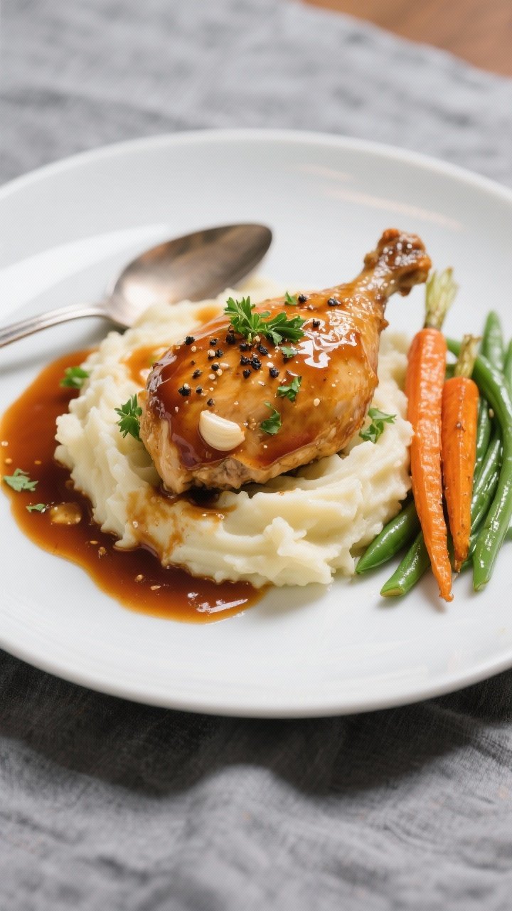 Final dish presentation: Beautifully plated Maple Dijon Chicken over creamy garlic mashed potatoes, 