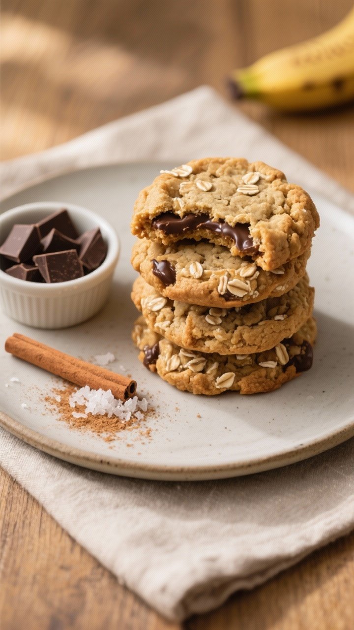 Final dish presentation: Beautifully plated stack of 3–4 banana oatmeal cookies on a matte ceramic