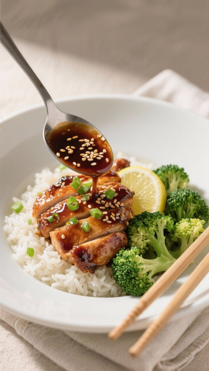 Final dish presentation: Beautifully plated teriyaki chicken thigh slices over fluffy steamed jasmin