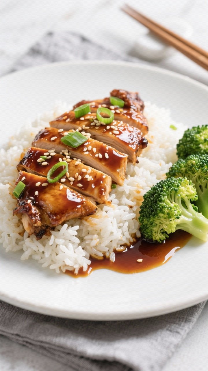 Final dish presentation: Beautifully plated teriyaki chicken thighs sliced and fanned over fluffy ja