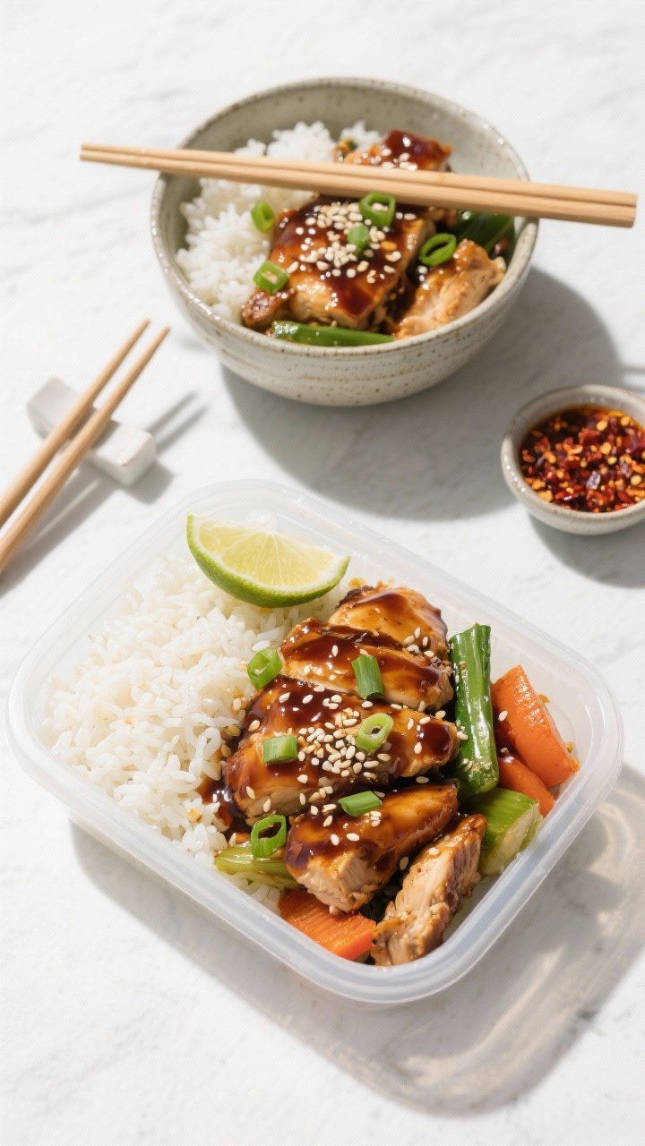 Final dish presentation: Beautifully plated teriyaki chicken and veggies over fluffy jasmine rice in